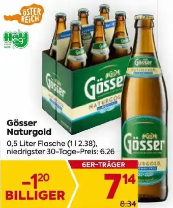 Billa Gösser Naturgold 0,5 Liter Flasche (112.38), niedrigster 30-Tage-Preis: 6.26 Angebot