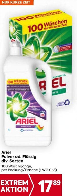 Ariel Pulver od. Flüssig div. Sorten 100 Waschgänge, per Packung/Flasche (1 WG 0.18)