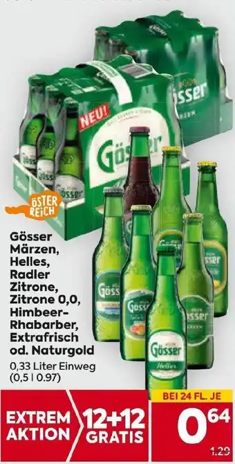 Billa Gösser Märzen, Helles, Radler Zitrone, Zitrone 0,0, Himbeer-Rhabarbe 0,33 Liter Einweg (0,5 1 0.97) Angebot