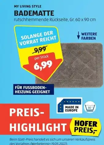 Hofer MY LIVING STYLE BADEMATTE rutschhemmende Rückseite, Gr. 60 x 90 cm per Stück Angebot