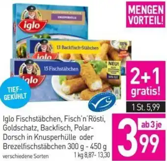 Sutterlüty Iglo Fischstäbchen, Fisch'n'Rösti, Goldschatz, Backfisch, Polar-Dorsch in Knusperhülle oder Brezelfischstäbchen 300 g - 450 g Angebot