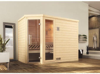 Hornbach Massivholzsauna weka turku eck gtf gr.3 inkl. 7,5 kw bio ofen u.digitaler steuerung mit fenster und graphitfarbiger ganzglast Angebot
