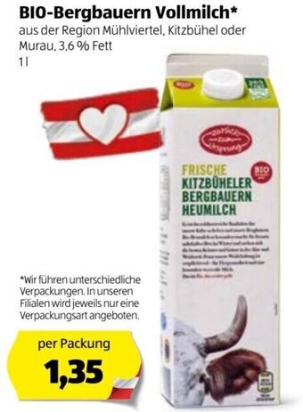 Hofer Bio-Bergbauern Vollmilch Angebot