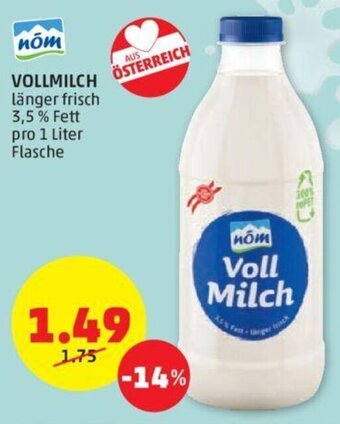 PENNY VOLLMILCH länger frisch 3,5% Fett pro 1 Liter Flasche Angebot