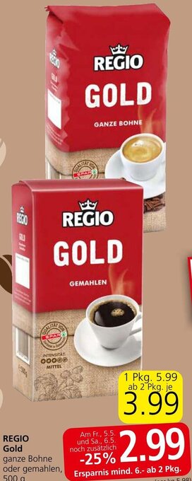 Spar REGIO Gold ganze Bohne oder gemahlen, 500 g Angebot