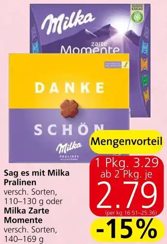 Spar Sag es mit Milka Pralinen versch. Sorten, 110-130 g oder Milka Zarte Momente versch. Sorten, 140-169 g Angebot