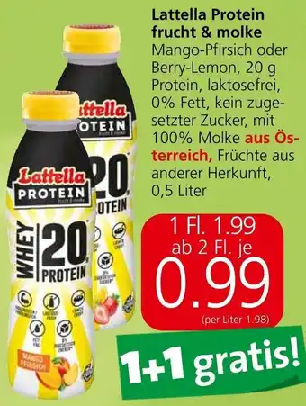 Spar Lattella Protein frucht & molke Mango-Pfirsich oder Berry-Lemon, 0,5 Liter Angebot
