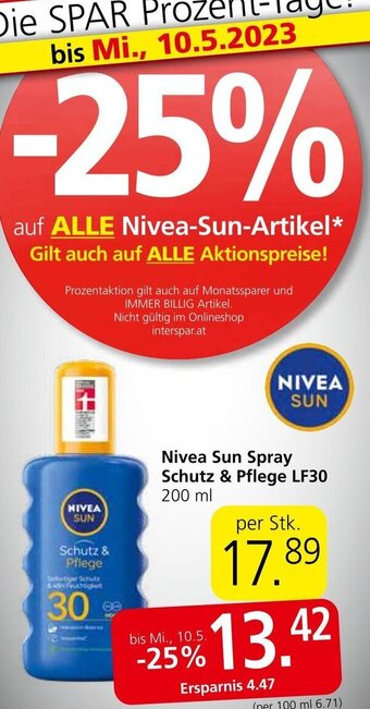 Spar Nivea Sun Spray Schutz & Pflege LF30 200 ml Angebot