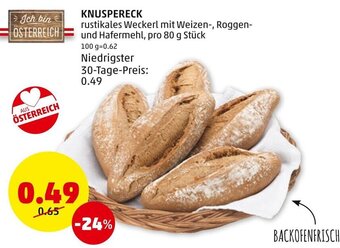 PENNY KNUSPERECK rustikales Weckerl mit Weizen-, Roggen-und Hafermehl, pro 80 g Stück Angebot