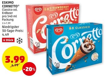 PENNY ESKIMO CORNETTO* Classico od. Erdbeer pro 540 ml Packung Angebot