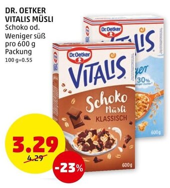 PENNY DR. OETKER VITALIS MÜSLI Schoko od. Weniger süß pro 600 g Packung Angebot