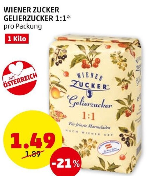 WIENER ZUCKER GELIERZUCKER 11* pro Packung 1 Kilo Angebot bei PENNY