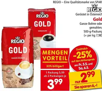 Interspar REGIO GOLD Ganze Bohne oder gemahlen, 500-g-Packung Angebot