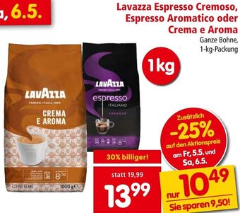 Interspar Lavazza Espresso Cremoso, Espresso Aromatico oder Crema e Aroma Ganze Bohne, 1-kg-Packung Angebot
