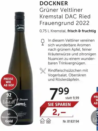 Interspar DOCKNER Grüner Veltliner Kremstal DAC Ried Frauengrund 2022 0,75 l, Kremstal, frisch & fruchtig Angebot