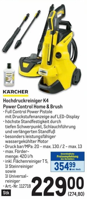 Metro KÄRCHER Hochdruckreiniger K4 Power Control Home & Brush Angebot