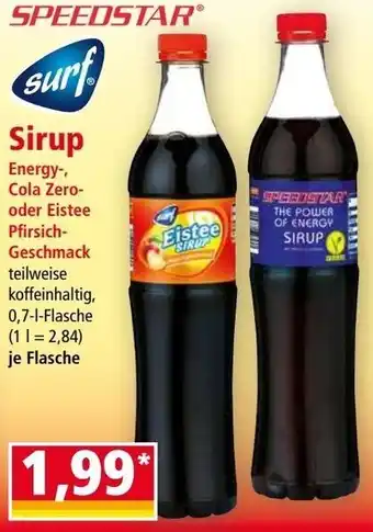 Norma Surf Sirup Energy-, Cola Zero-oder Eistee Pfirsich-Geschmack teilweise koffeinhaltig, 0,7-1-Flasche (11=2,84) je Flasche Angebot