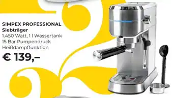 Interspar SIMPEX PROFESSIONAL Siebträger 1.450 Watt, 11 Wassertank 15 Bar Pumpendruck Heißdampffunktion Angebot