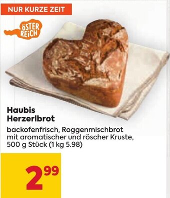 Billa Haubis Herzerlbrot backofenfrisch, Roggenmischbrot mit aromatischer und röscher Kruste, 500 g Stück (1 kg 5.98) Angebot
