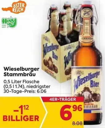 Billa Wieselburger Stammbräu 0,5 Liter Flasche (0,5 11.74), niedrigster 30-Tage-Preis: 6.06 Angebot