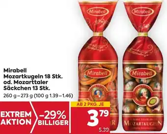 Billa Mirabell Mozartkugeln 18 Stk. od. Mozarttaler Säckchen 13 Stk. 260 g- 273 g Angebot