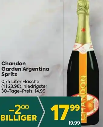 Billa Chandon Garden Argentina Spritz 0,75 Liter Flasche (11 23.98), niedrigster 30-Tage-Preis: 14.99 Angebot