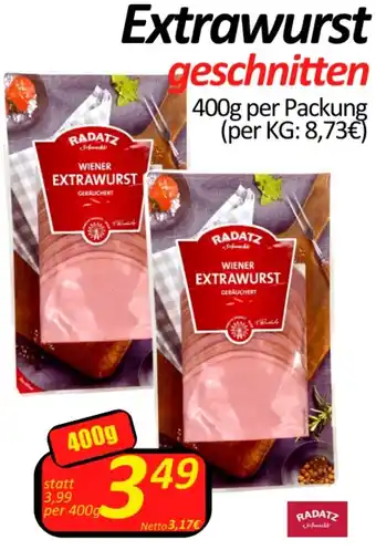 Wurstico Extrawurst geschnitten 400g per Packung (per KG: 8,73€) Angebot