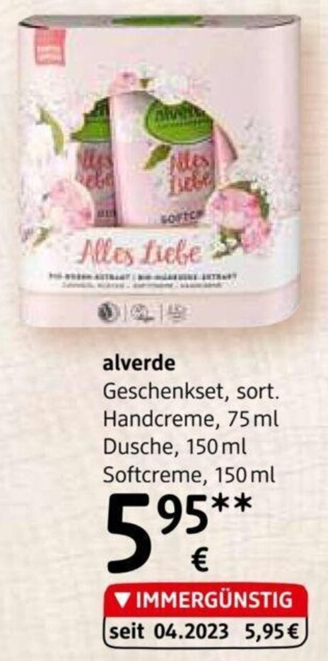 dm alverde Geschenkset, sort. Handcreme, 75 ml Dusche, 150 ml Softcreme, 150 ml Angebot