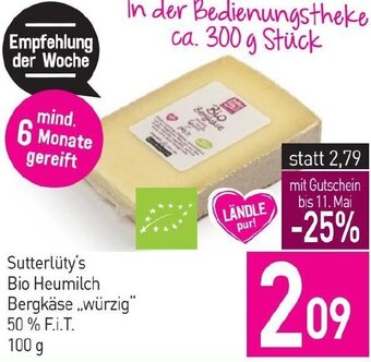 Sutterlüty Sutterlüty's Bio Heumilch Bergkäse ,,würzig" 50 % F.I.T. 100g Angebot