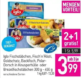 Sutterlüty Iglo Fischstäbchen, Fisch'n'Rösti, Goldschatz, Backfisch, Polar-Dorsch in Knusperhülle oder Brezelfischstäbchen 300 g - 450g Angebot