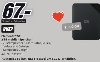 Media Markt WD Elements™ SE 2 TB mobiler Speicher Angebot