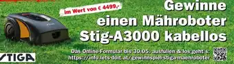 Gewinne einen Mähroboter Stig-A3000 kabellos im Wert von € 4499,-