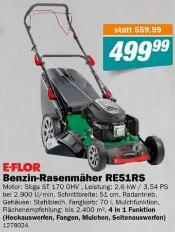 Let's Do It Baumarkt E-FLOR Benzin-Rasenmäher RE51RS Motor: Stiga ST 170 OHV, Leistung: 2,6 kW / 3,54 PS bei 2.900 U/min, Schnittbreite: 51 cm, Angebot