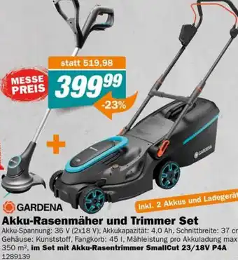 GARDENA inkl. 2 Akkus und Ladegerät Akku-Rasenmäher und Trimmer Set Akku-Spannung: 36 V (2x18 V), Akkukapazität: 4,0 Ah,