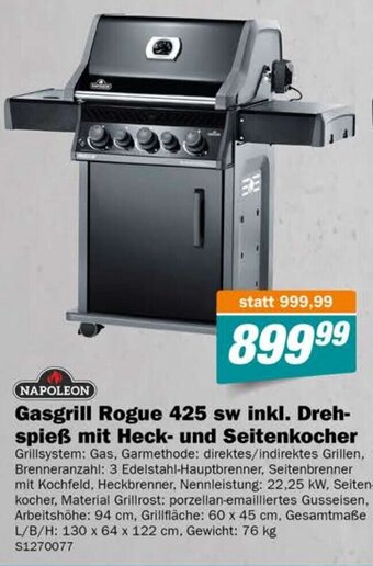 Let's Do It Baumarkt NAPOLEON Gasgrill Rogue 425 sw inkl. Dreh-spieß mit Heck- und Seitenkocher Grillsystem: Gas, Garmethode: direktes/indirektes Angebot
