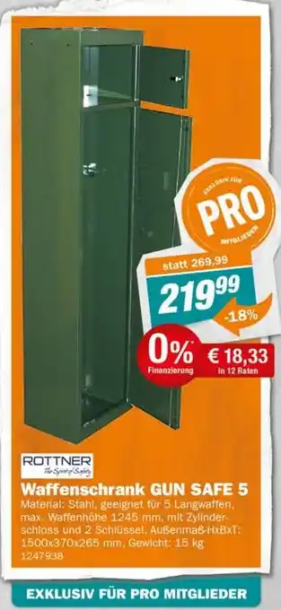 ROTTNER Waffenschrank GUN SAFE 5 Material: Stahl, geeignet für 5 Langwaffen, max. Waffenhöhe 1245 mm, mit Zylinder-schloss