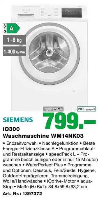 EP SIEMENS iQ300 Waschmaschine WM14NK03 • Endzeitvorwahl Nachlegefunktion. Beste Energie-Effizienzklasse A. Programmablauf Angebot