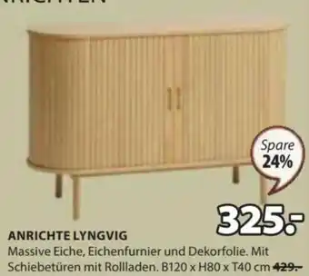 JYSK ANRICHTE LYNGVIG Massive Eiche, Eichenfurnier und Dekorfolie. Mit Schiebetüren mit Rollladen. B120 x H80 x T40 cm 429.- Angebot