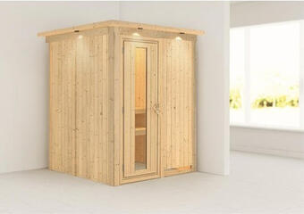 Hornbach Plug & play sauna karibu achat i ohne ofen mit dachkranz und holztüre mit isolierglas wärmegedämmt Angebot