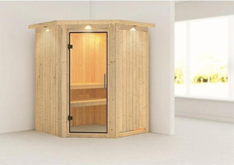 Hornbach Plug & play sauna karibu achat ii ohne ofen mit dachkranz und ganzglastüre aus klarglas Angebot