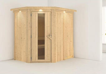 Hornbach Plug & play sauna karibu achat iv ohne ofen mit dachkranz und holztüre mit isolierglas wärmegedämmt Angebot