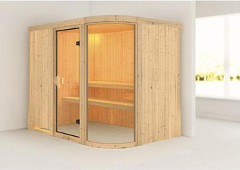 Hornbach Elementsauna karibu klarina iv ohne ofen und dachkranz mit fenster und bronzierter ganzglastüre Angebot
