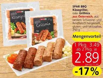 Spar SPAR BBQ Käsegriller, oder Grillmix aus Österreich1 Pkg. 3.49 ab 2 Pkg. je 250 g Angebot