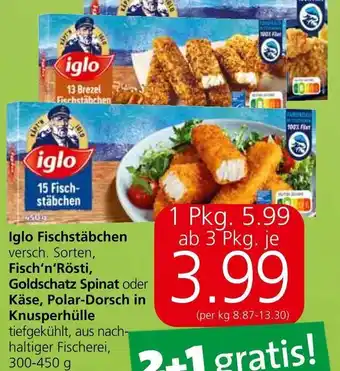 Spar Iglo Fischstäbchen versch. Sorten, Fisch'n'Rösti, Goldschatz Spinat oder Käse, Polar-Dorsch in Knusperhülle 300-450 g Angebot