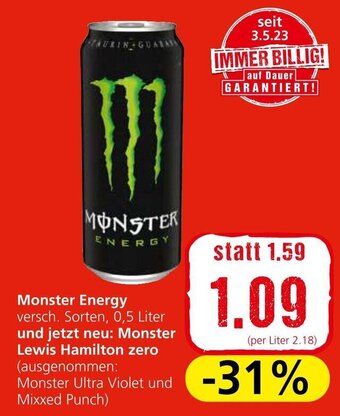 Monster Energy versch. Sorten, 0,5 Liter und jetzt neu: Monster Lewis Hamilton zero