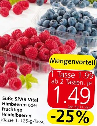 Spar Süße SPAR Vital Himbeeren oder fruchtige Heidelbeeren Klasse 1, 125-g-Tasse Angebot