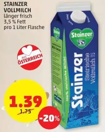PENNY STAINZER VOLLMILCH länger frisch 3,5 % Fett pro 1 Liter Flasche Angebot