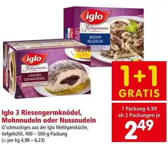 Interspar Iglo 3 Riesengermknödel, Mohnnudeln oder Nussnudeln G'schmackiges aus der Iglo Mehlspeisküche, tiefgekühlt, 400-500-g Angebot