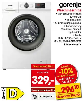 Interspar gorenje Waschmaschine H 85 x B 59,5 x T 46 cm Mod. Nr.: WNHVB72SDPS/AT, 2 Jahre Garantie Angebot