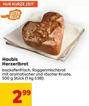 Billa Haubis Herzerlbrot backofenfrisch, Roggenmischbrot mit aromatischer und röscher Kruste, 500 g Stück (1 kg 5.98) Angebot